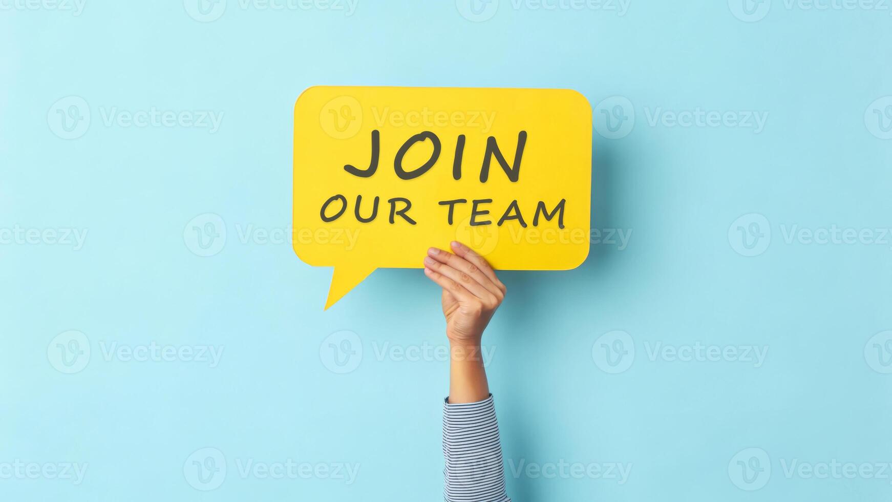 Job labor employment, unemployment. Join our team recruitment sign, hand holding yellow speech bubble, blue background . Hiring rate, economic growth, opening workforce market photo