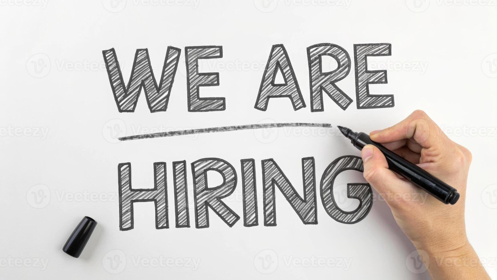 Job labor employment, unemployment. We are hiring employment opportunity job recruitment hand marker writing white background . Hiring rate, economic growth, opening workforce market photo