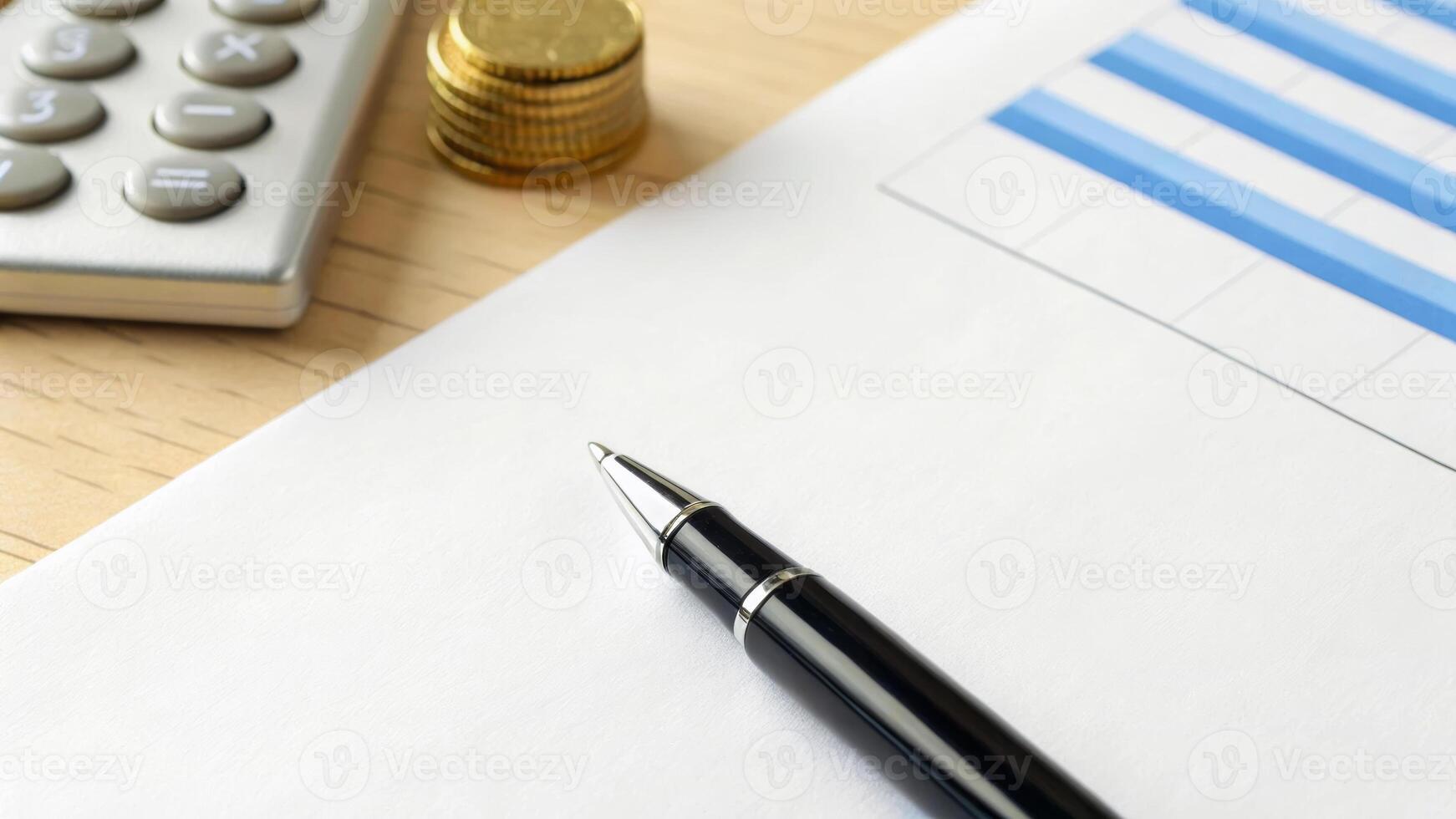 Tax finance budget, Financial accounting concepts. Financial document, pen, calculator, and coins wooden desk, business planning . Payment, Debt, Penalty, Credit, Bill, Businessman, Office, Money photo