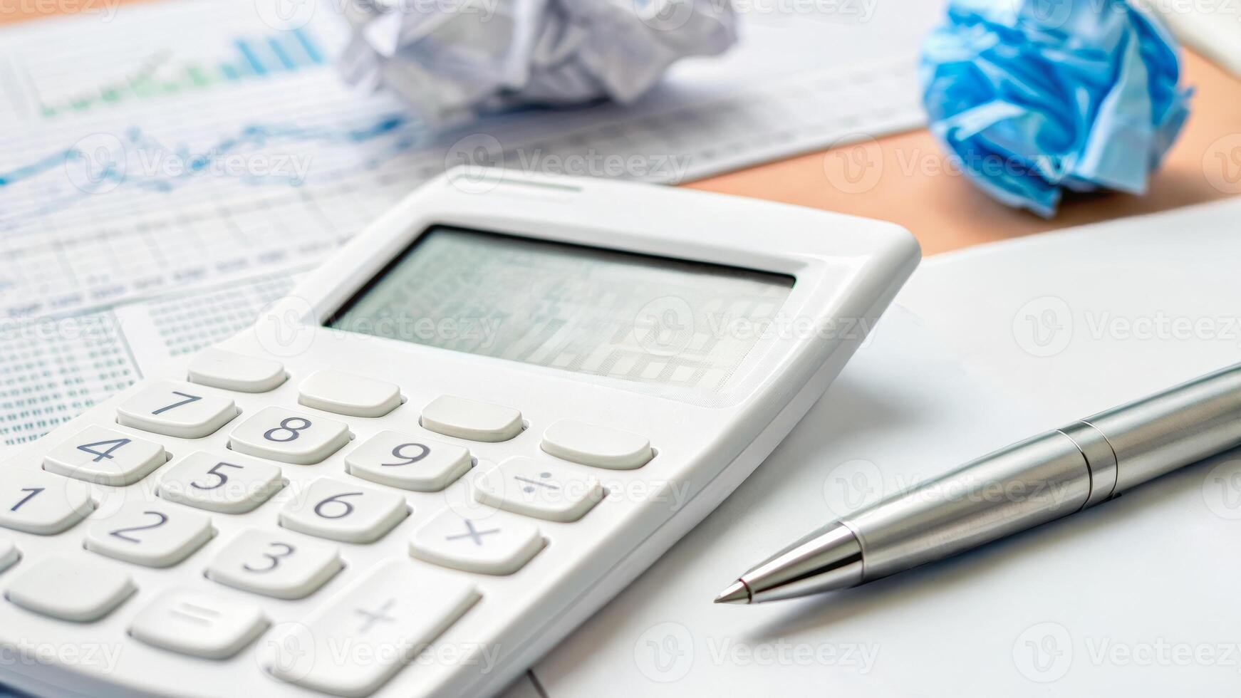 Tax finance budget, Financial accounting concepts. White calculator, silver pen, crumpled paper, and financial chart desk . Payment, Debt, Penalty, Credit, Bill, Businessman, Office, Money photo