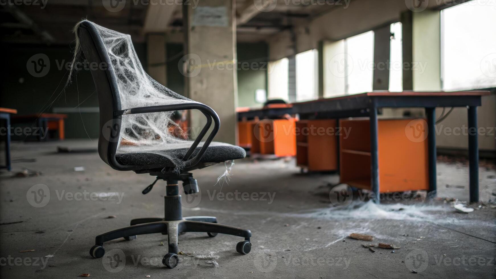 Job labor employment, unemployment. Abandoned office chair spiderweb dust empty workspace neglected decay urban eerie . Hiring rate, economic growth, opening workforce market photo