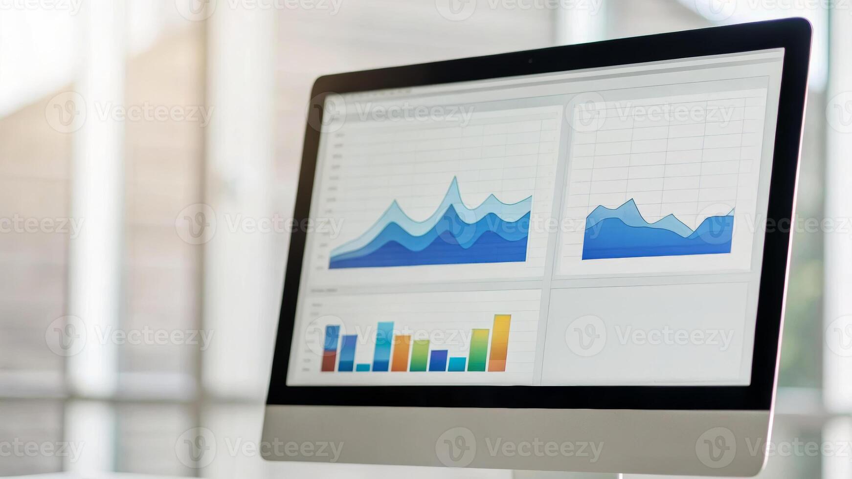 Tax finance budget, Financial accounting concepts. Modern desktop monitor displaying colorful data analytics, business charts . Payment, Debt, Penalty, Credit, Bill, Businessman, Office, Money photo