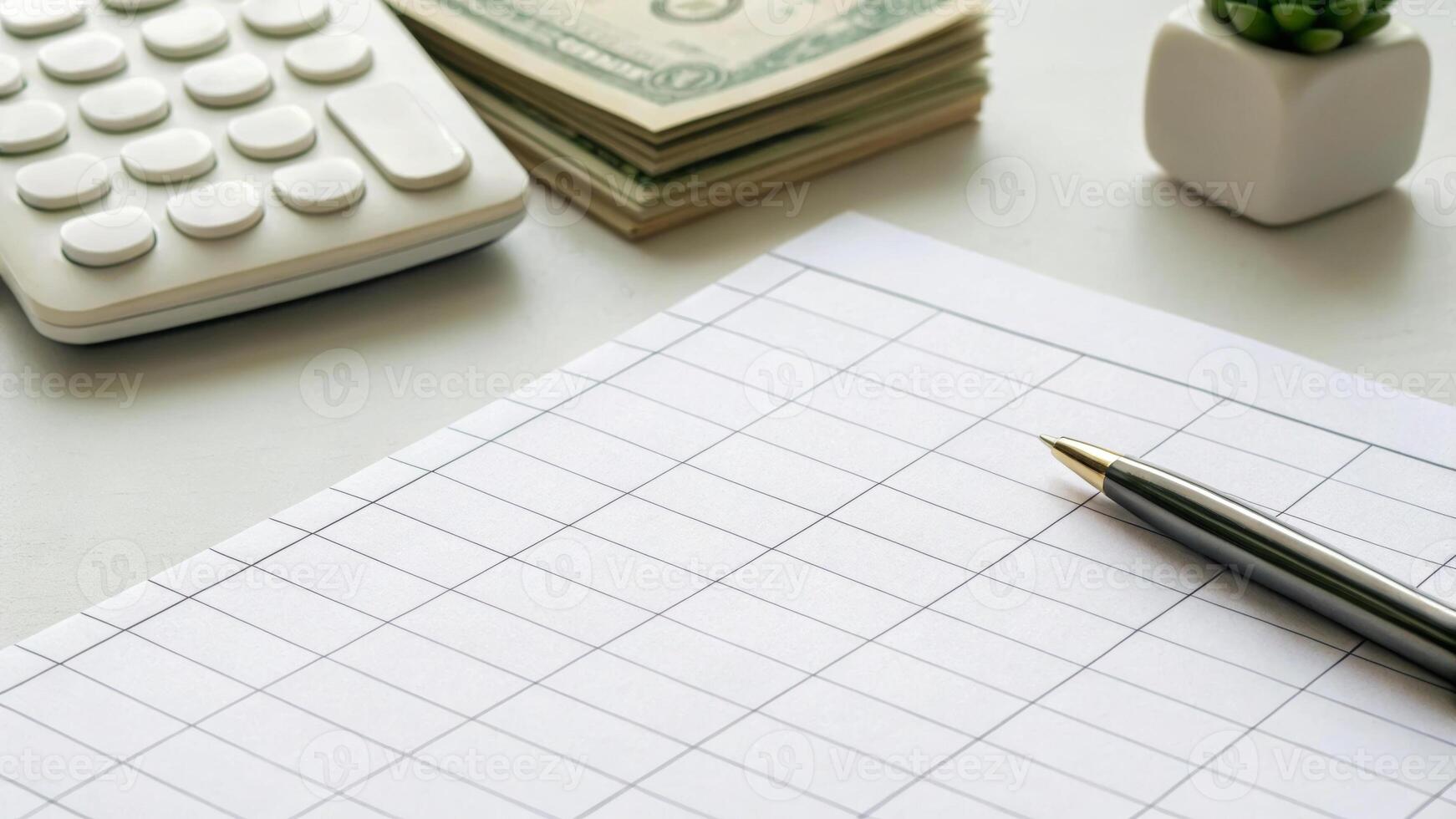 Tax finance budget, Financial accounting concepts. Budget planning with calculator, money stack, pen, and blank spreadsheet white . Payment, Debt, Penalty, Credit, Bill, Businessman, Office, Money photo