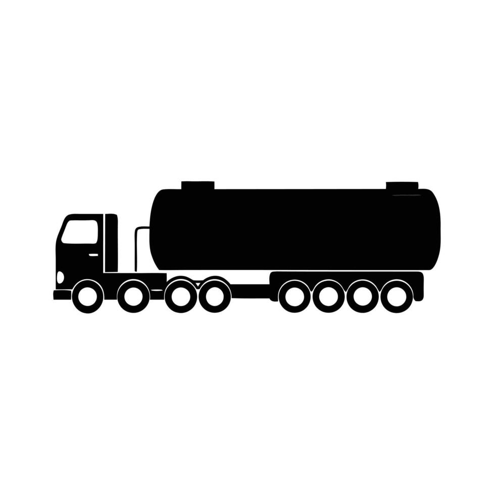 A black silhouette of a tanker truck with multiple wheels white background vector