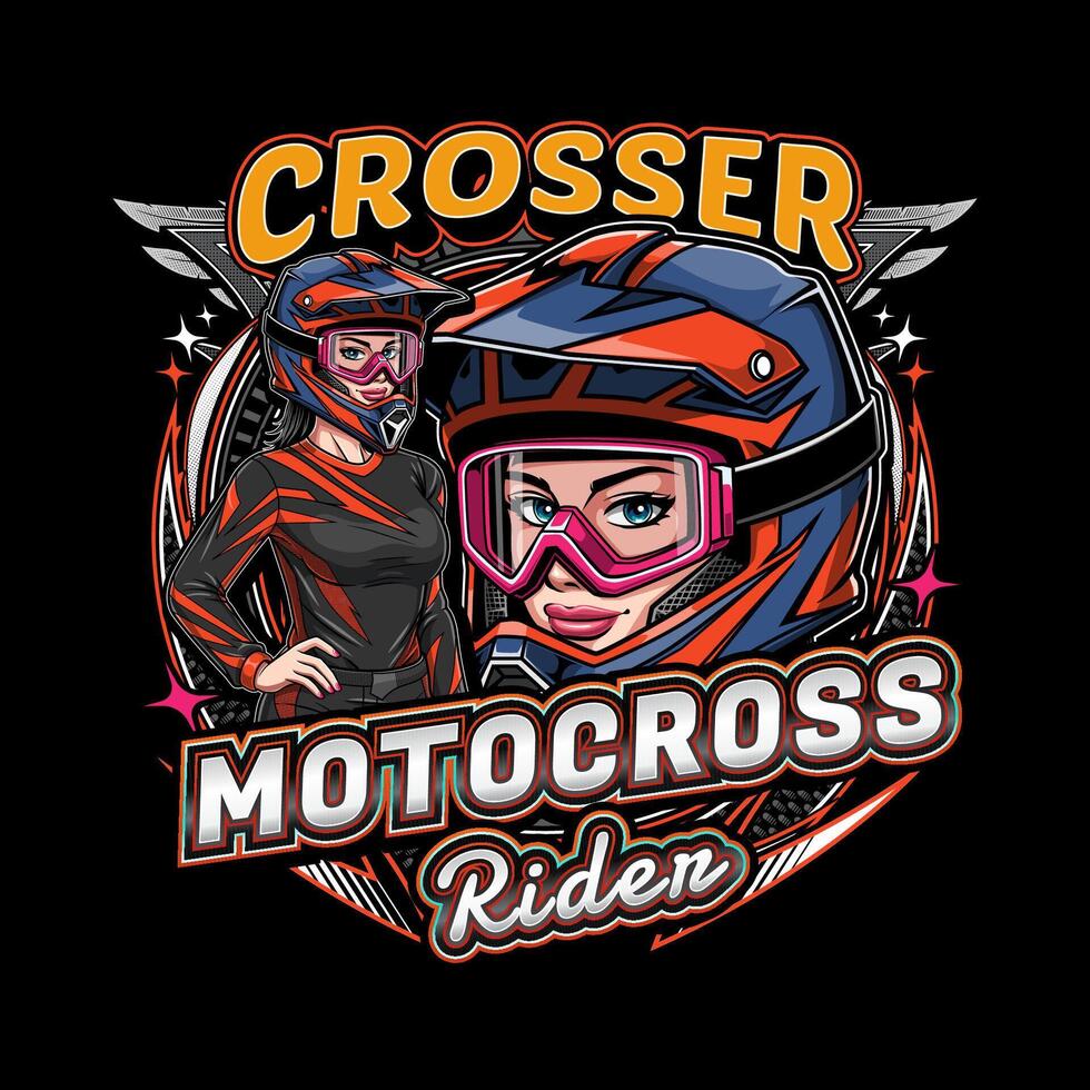 Supermoto tshirt design template with female racer character illustration vector