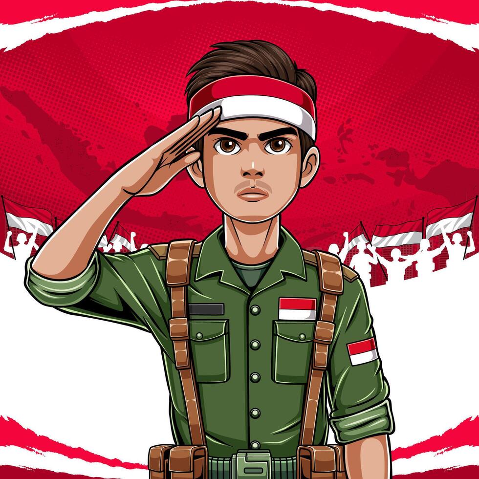 illustration of Indonesian soldiers with a red and white background vector