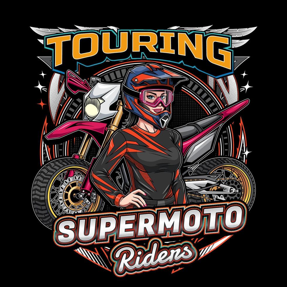 Supermoto Logo template with female racer character for tshirt design vector
