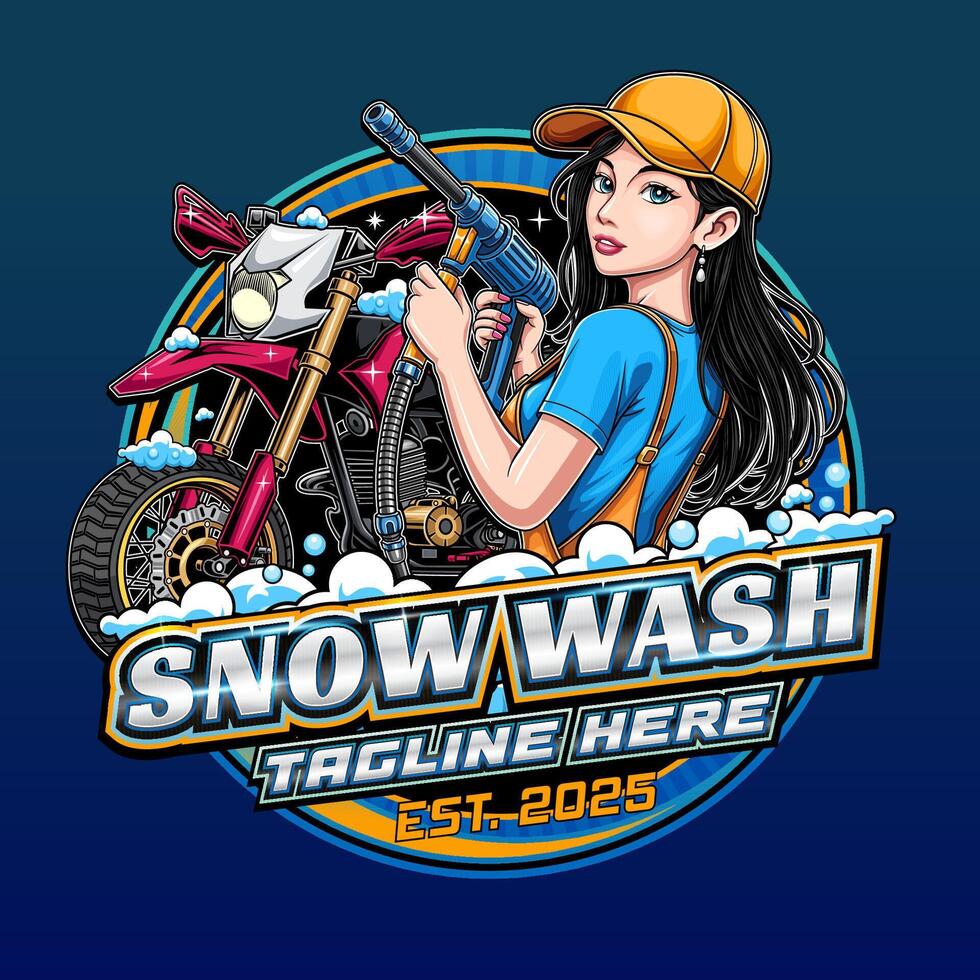 Logo for car wash business with illustration of supermoto and car washer vector