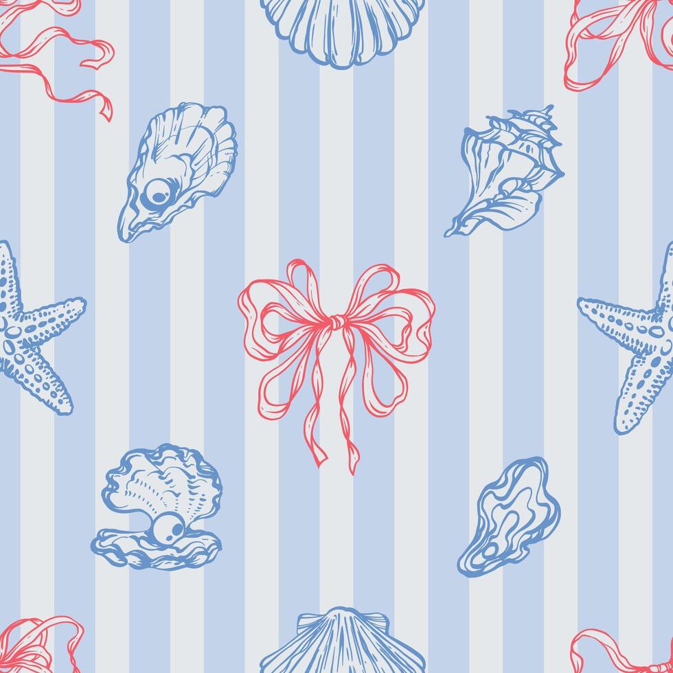 Red Seashells, Ribbon Bows Seamless Pattern on Blue striped Background. La dolce vita themed inspired by Summer Italian aesthetic Vintage Marine, feminine, coquette design in charming girly style vector