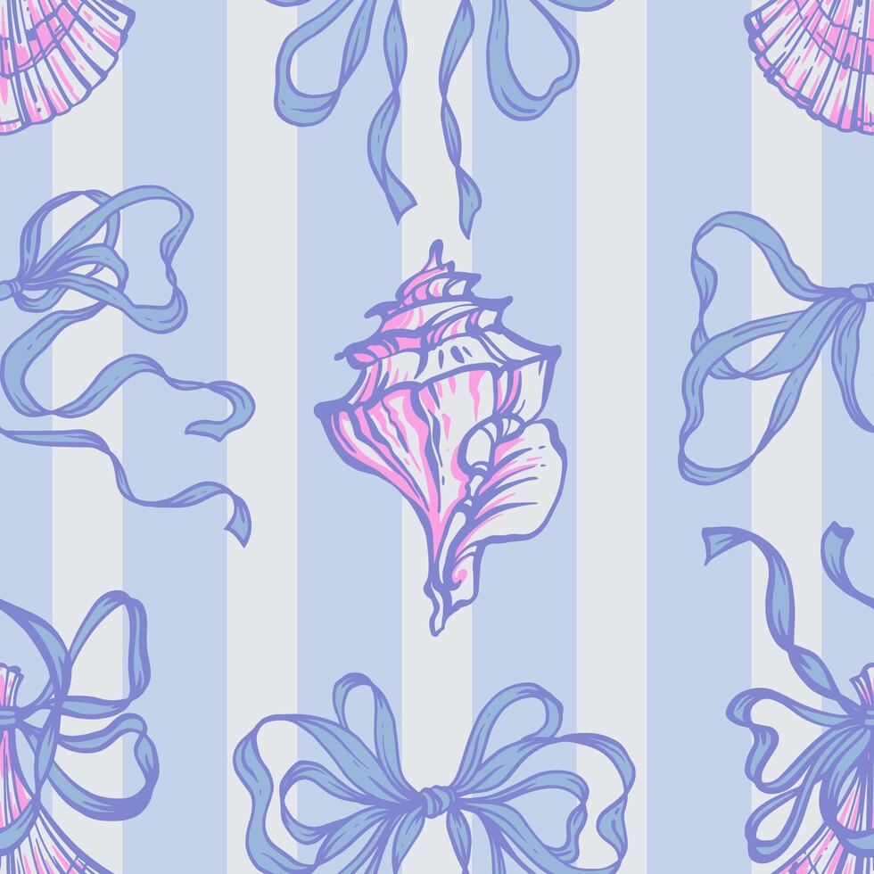 Seashells, Ribbon Bows Seamless Pattern on Blue striped Background. La dolce vita themed inspired by Summer Italian aesthetic. Vintage Marine, feminine, coquette design in charming girly style vector