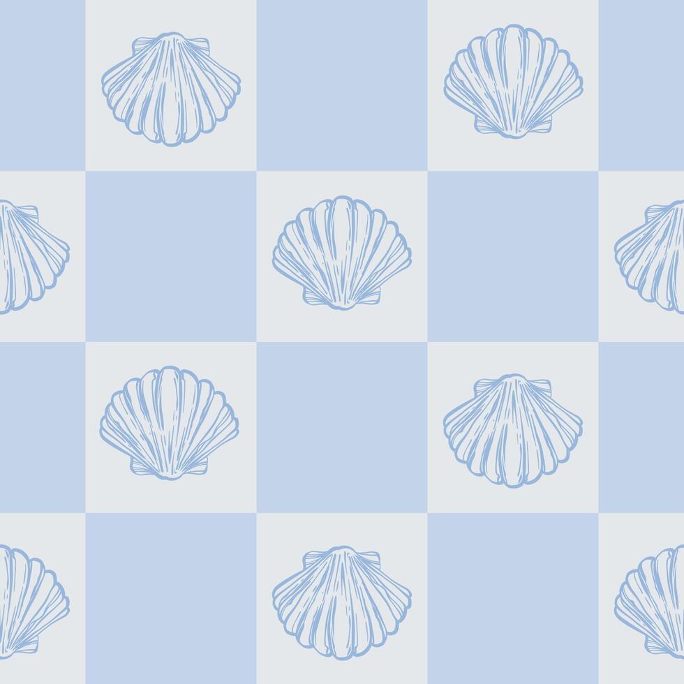 Coastal Seamless pattern with Seashells on Blue Checkered Background. La dolce vita themed inspired by Summer Italian aesthetic. Vintage Marine, feminine, coquette design in charming girly style vector