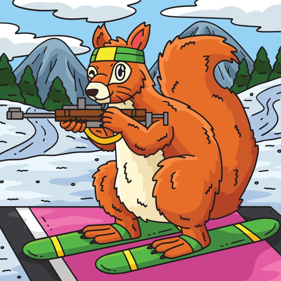 Cartoon squirrel skiing with rifle vector
