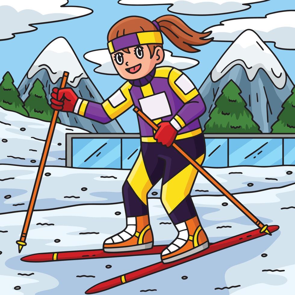 Cartoon female skier in snowy landscape vector