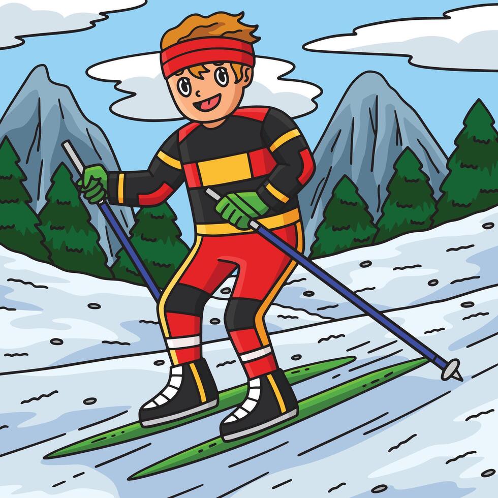 Animated boy skiing on snowy landscape vector