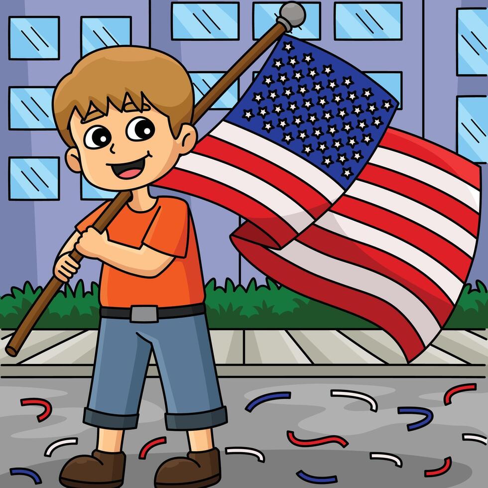 Child with American flag at parade vector