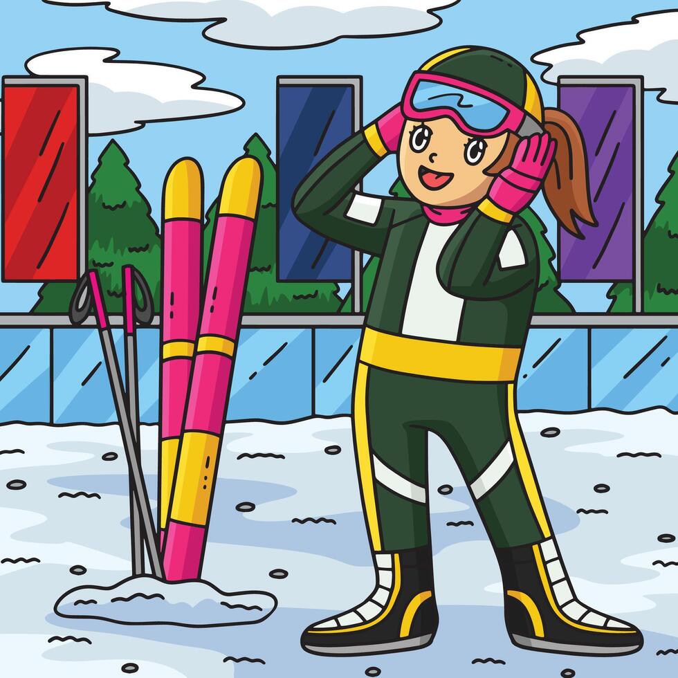 Biathlon Female Biathlete Fixing Goggles Colored vector