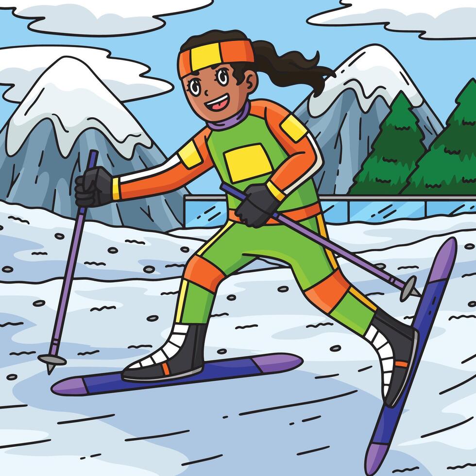 Biathlon Female Biathlete with Ski Poles Colored vector
