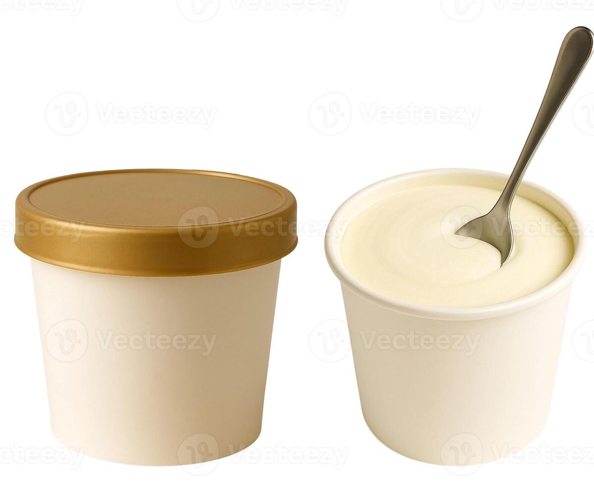 Two containers of yogurt with a spoon photo