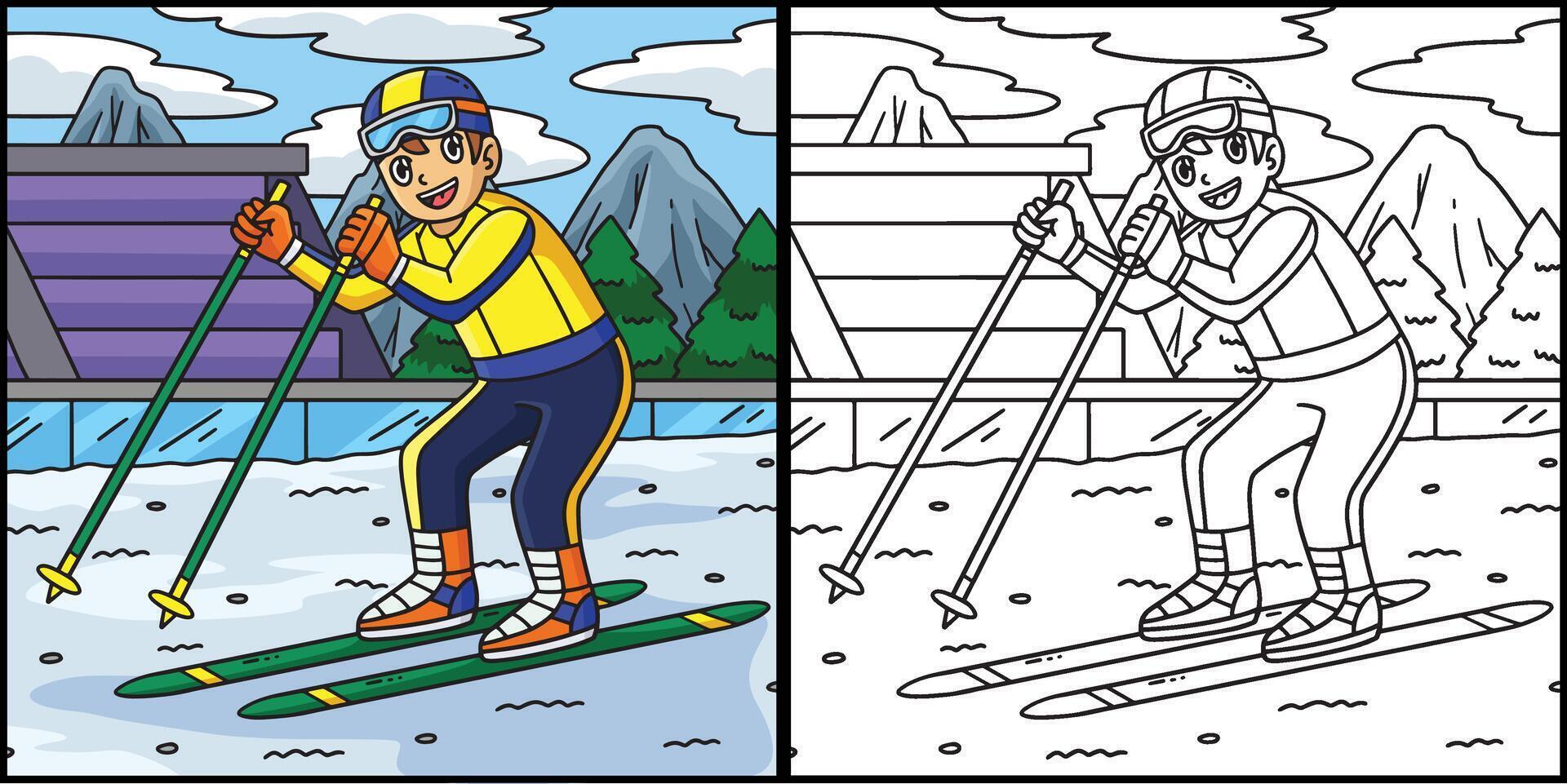 Colorful skier skiing on snowy terrain vector