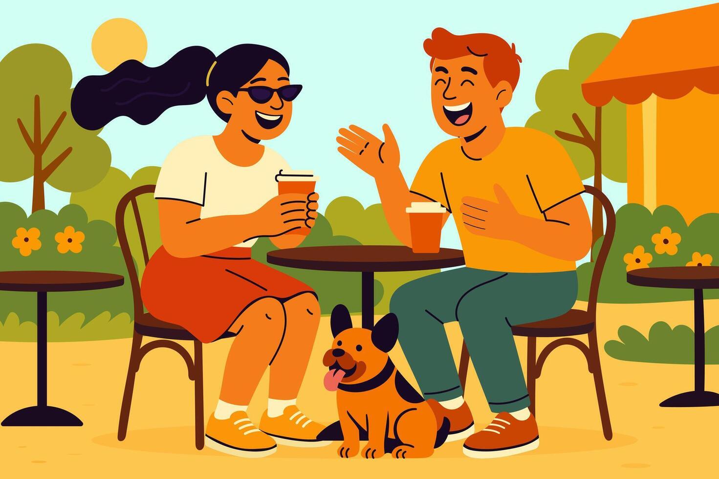 Couple with dog at outdoor cafe vector