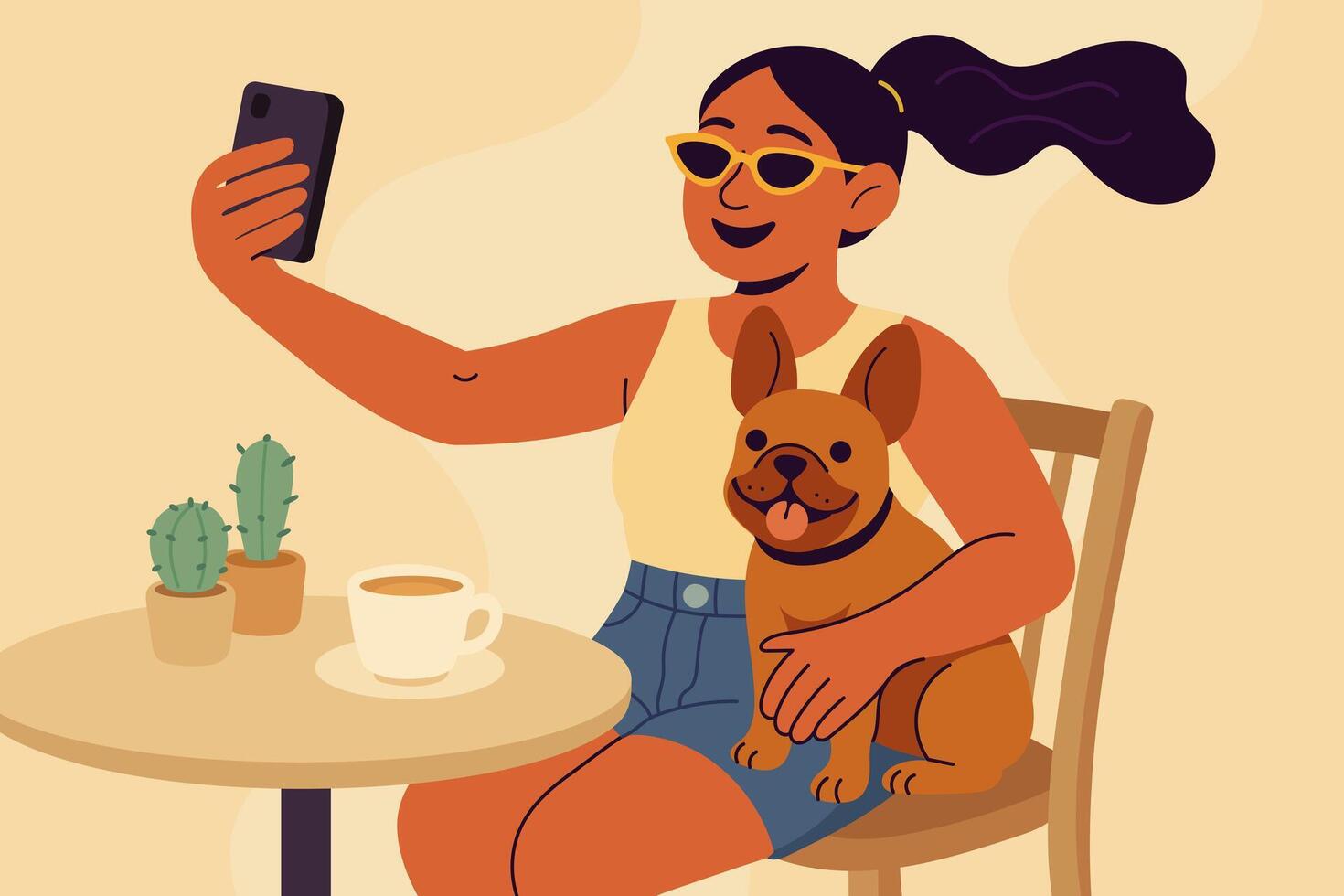 Woman selfies with dog and coffee vector