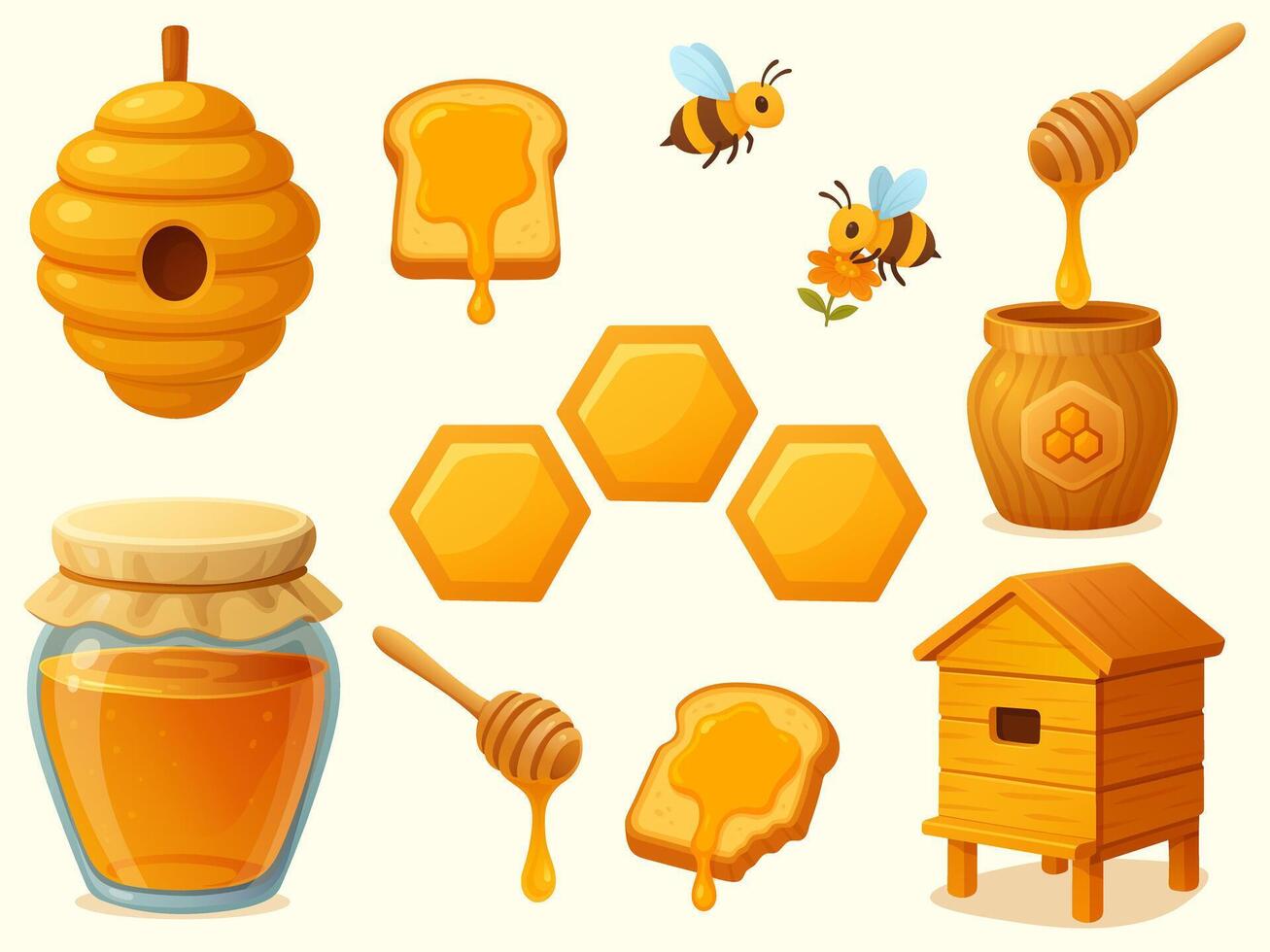 Colorful honey and bee illustrations vector