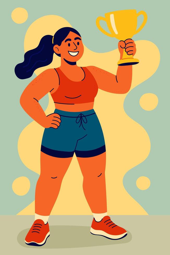 Smiling sporty woman with gold medal standing confidently after winning fitness contest vector