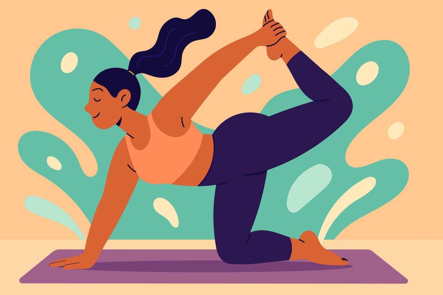 Woman practicing yoga in tiger pose, balancing on one hand and knee with back leg lifted vector