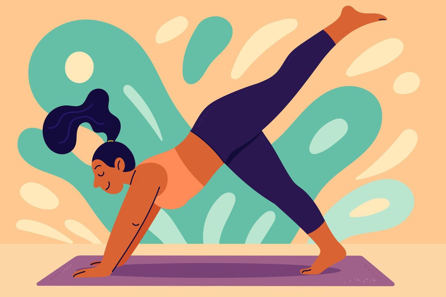Woman performing warrior III pose, standing on one leg with extended arms and raised back leg vector