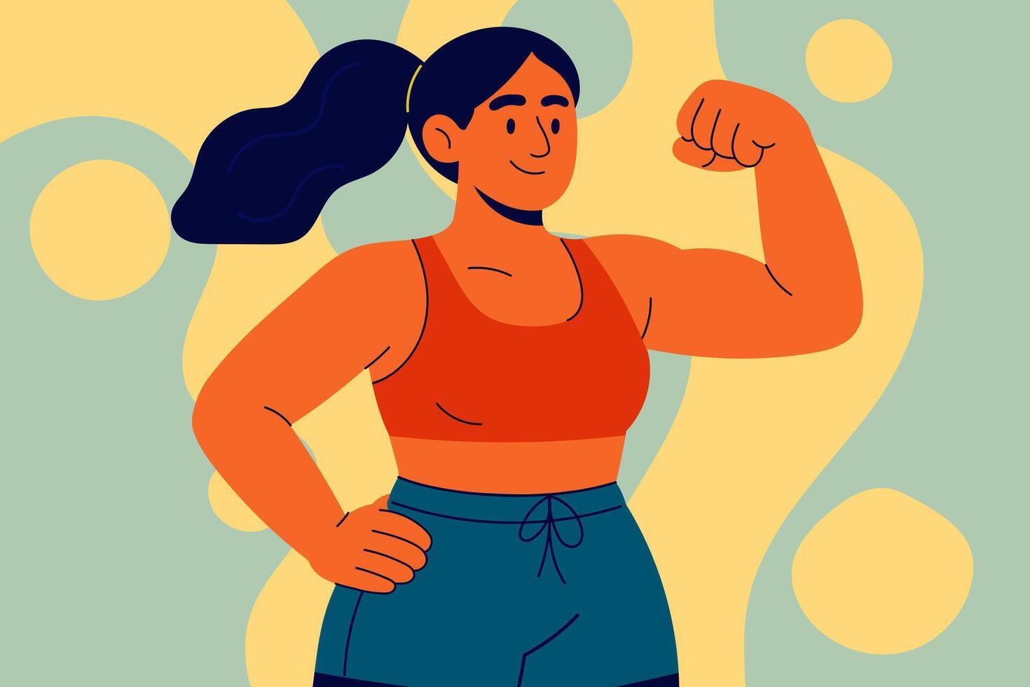 Fit woman flexing bicep, showing strength and confidence after workout vector