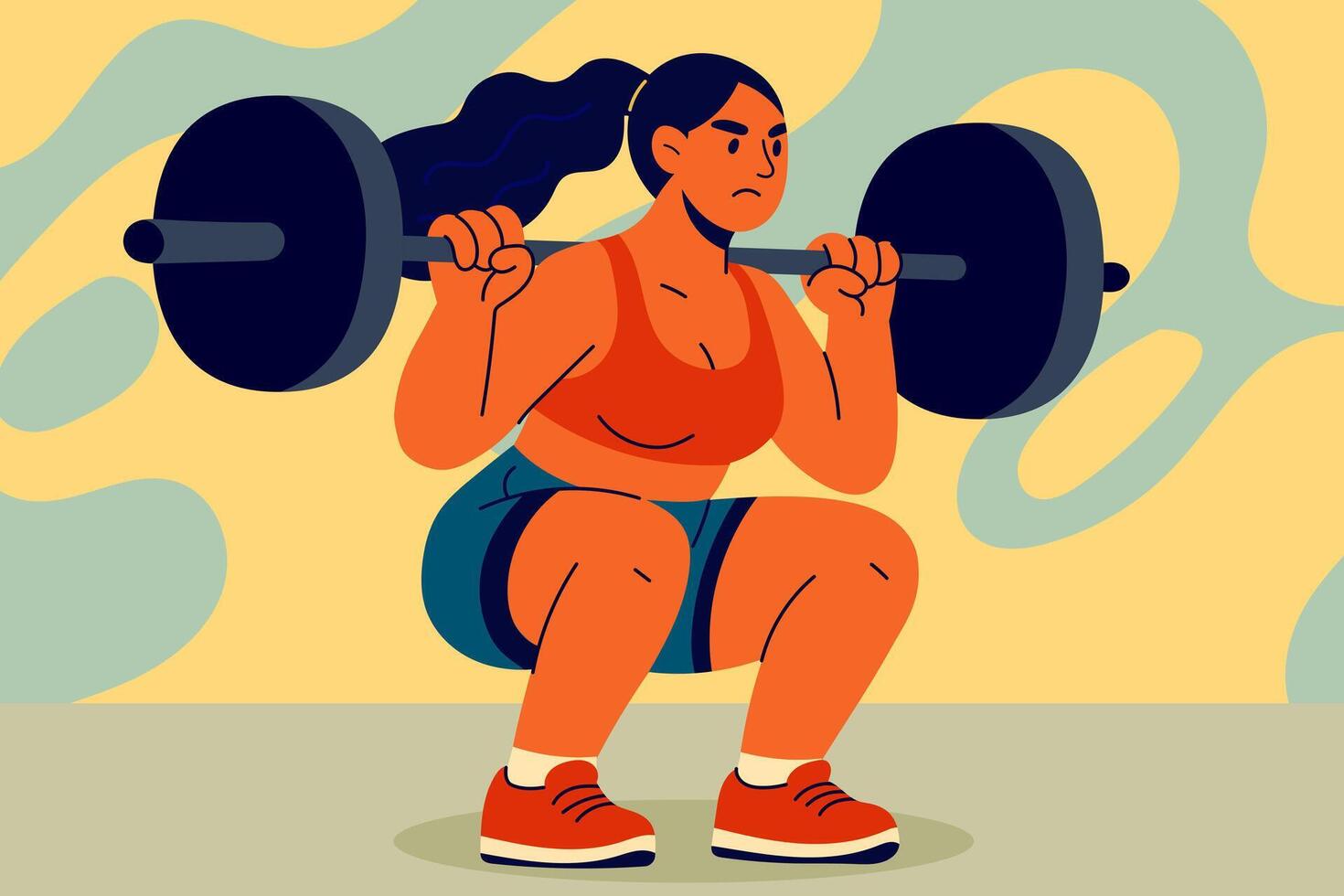 Confident woman doing barbell squats at the gym, focused on strength training vector