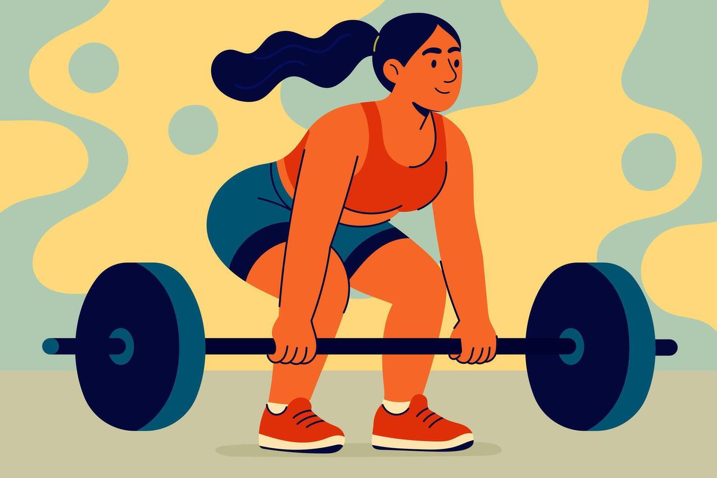 Focused woman lifting barbell in deadlift position, gym training vector