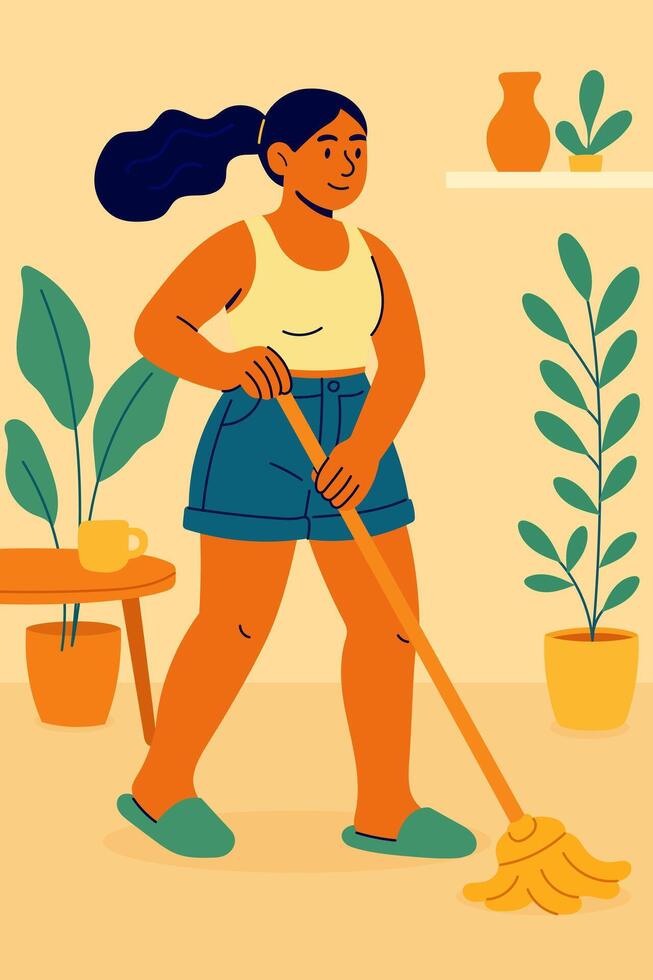 Young woman cleaning floor at home with a mop, surrounded by plants in cozy modern interior vector
