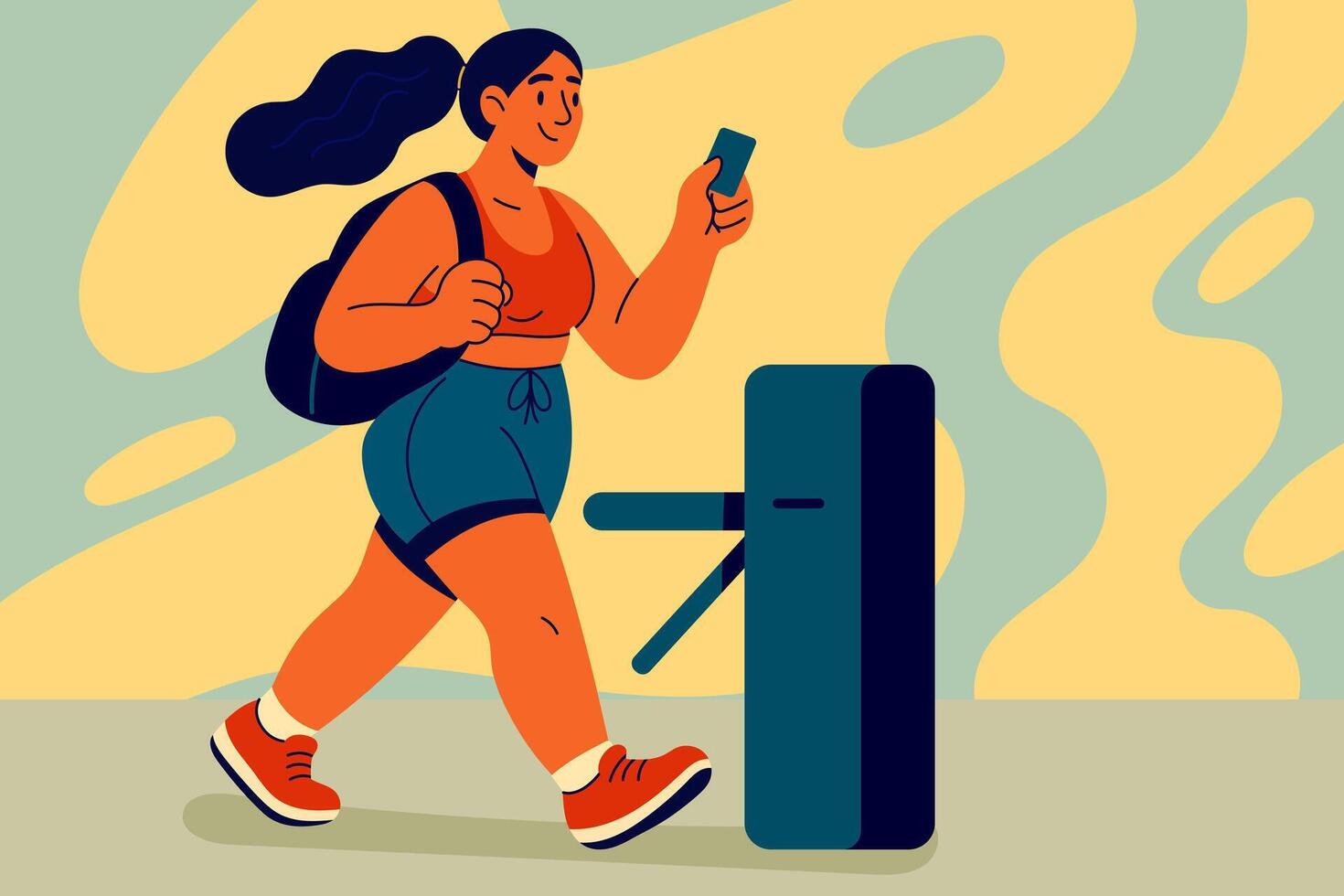 Happy woman entering gym with ID card, ready for fitness session vector