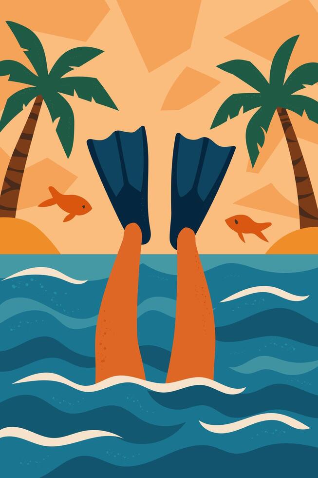 Person diving in tropical sea with flippers surrounded by palm trees and fish vector