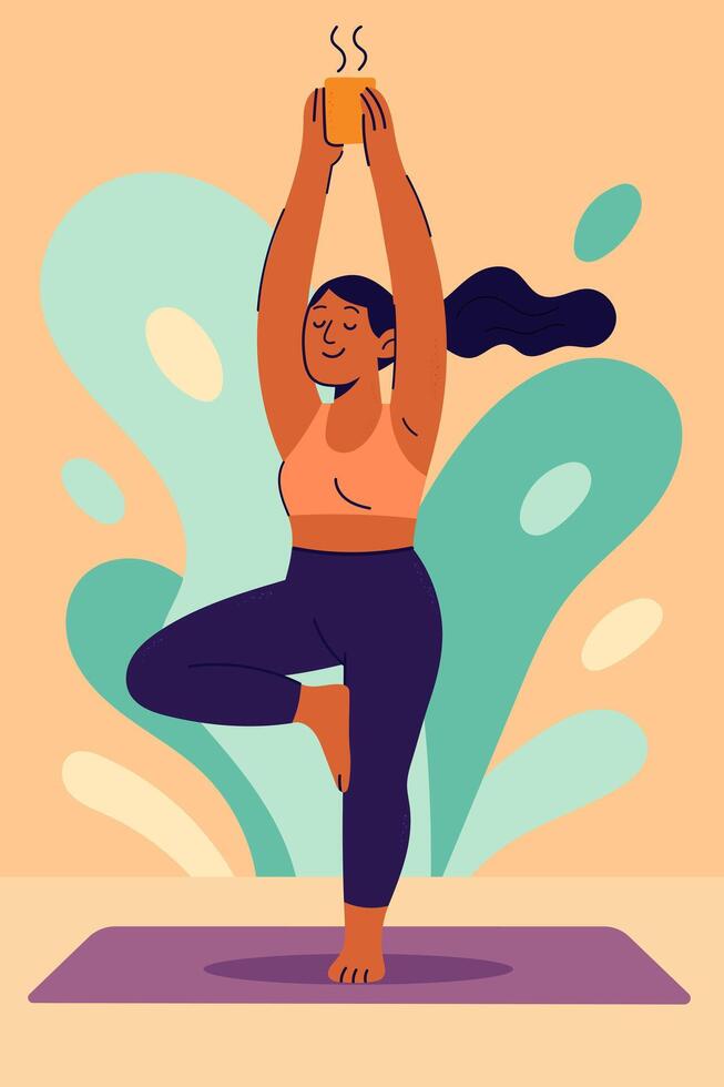 Playful morning yoga pose with woman balancing on one leg and holding a hot coffee mug above head vector
