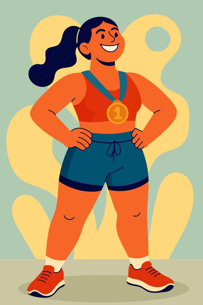 Strong female athlete celebrating victory with golden trophy after gym competition vector