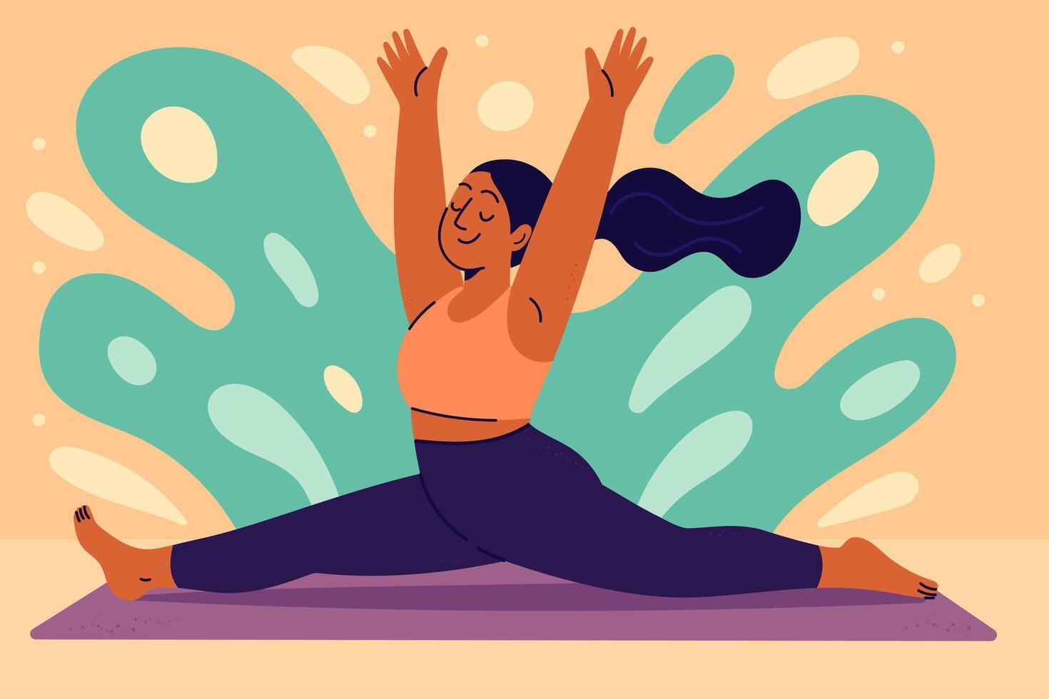 Happy woman doing front split pose on yoga mat with hands raised up vector