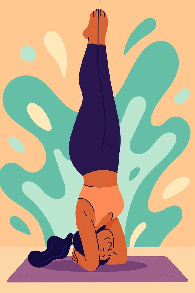 Young woman doing headstand yoga pose at home on a colorful background vector