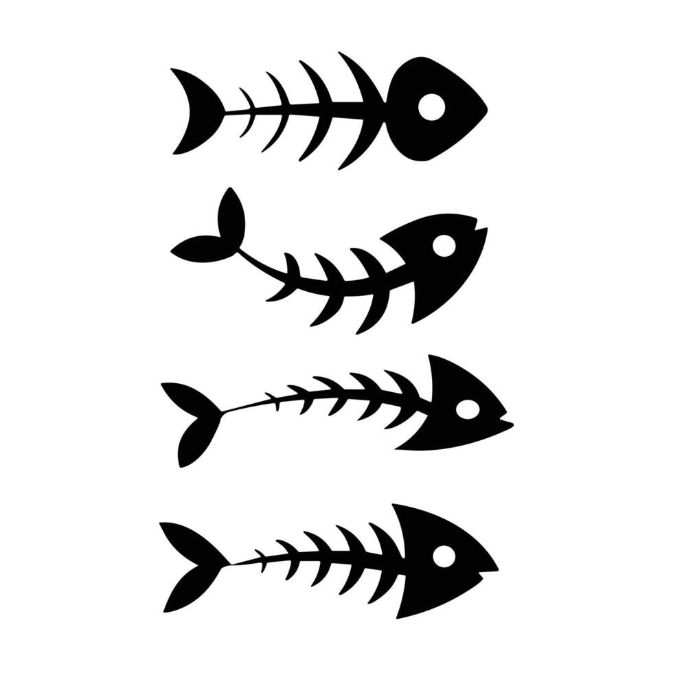 Four black fish skeletons bones white vector