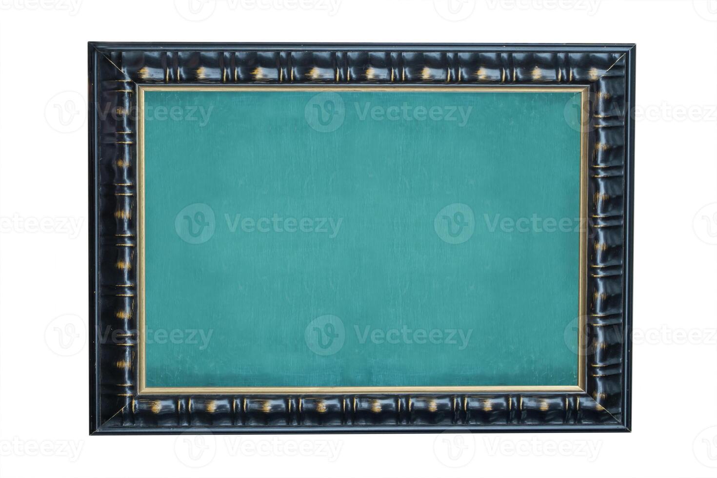 Empty green chalkboard with black wooden frame on white background photo