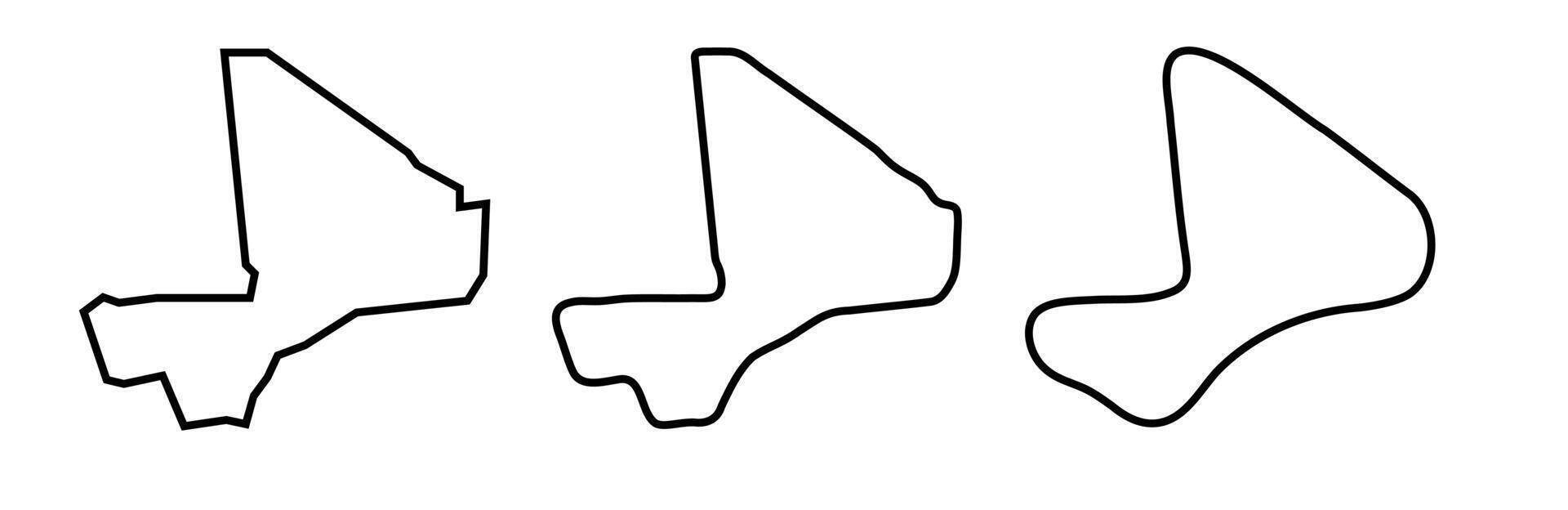 Mali country black outline silhouettes in three different levels of smoothness. Simplified maps. icons isolated on white background. vector
