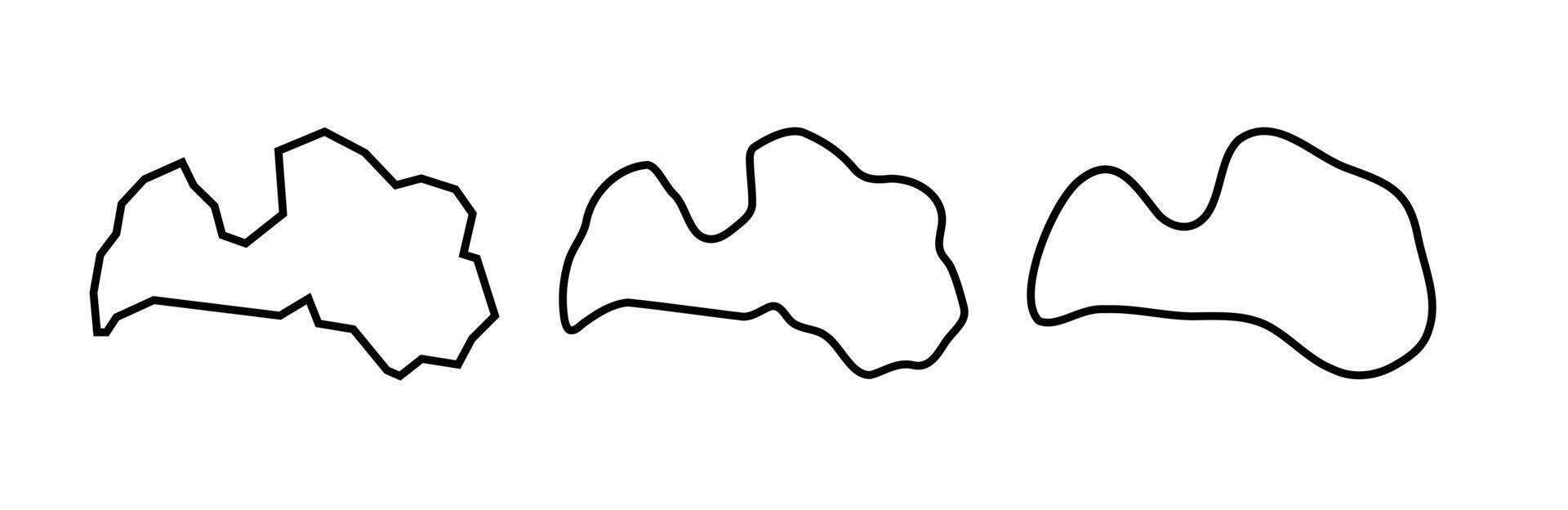 Latvia country black outline silhouettes in three different levels of smoothness. Simplified maps. icons isolated on white background. vector
