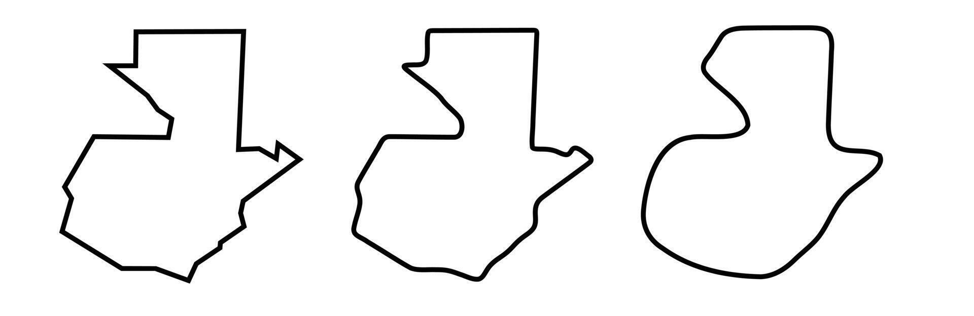 Guatemala country black outline silhouettes in three different levels of smoothness. Simplified maps. icons isolated on white background. vector
