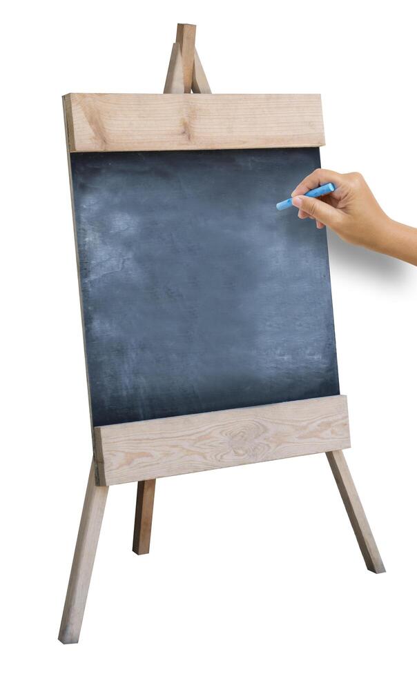 The Hand That Catches Chalk Is Preparing To Write the Alphabet On Wooden Sidewalk Sign With Blank Black Menu Board Isolated On White Background. photo