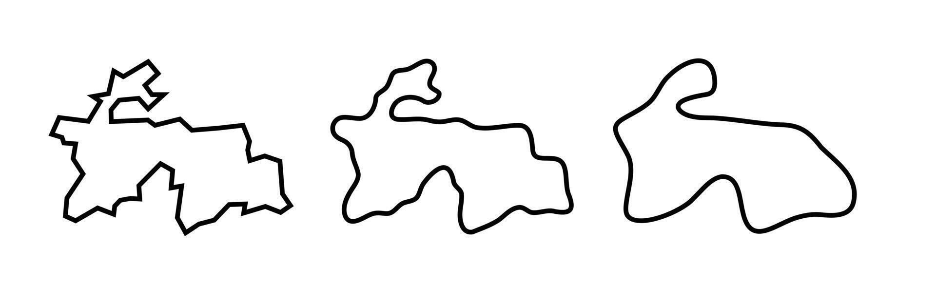 Tajikistan country black outline silhouettes in three different levels of smoothness. Simplified maps. icons isolated on white background. vector