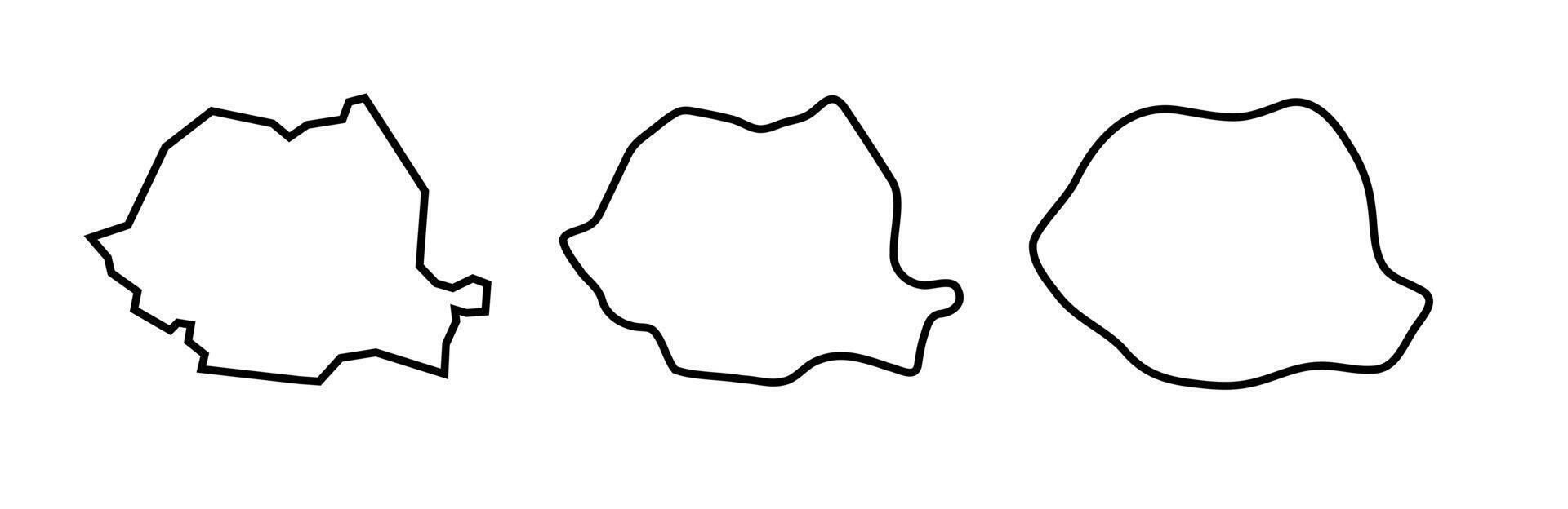 Romania country black outline silhouettes in three different levels of smoothness. Simplified maps. icons isolated on white background. vector