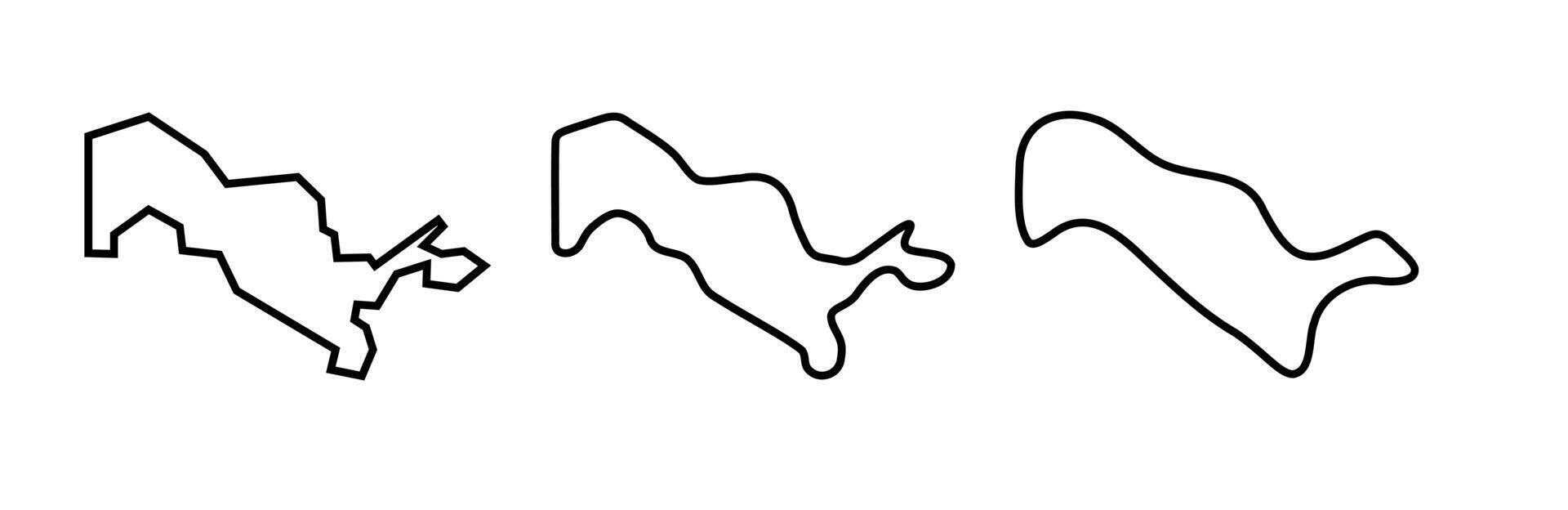 Uzbekistan country black outline silhouettes in three different levels of smoothness. Simplified maps. icons isolated on white background. vector
