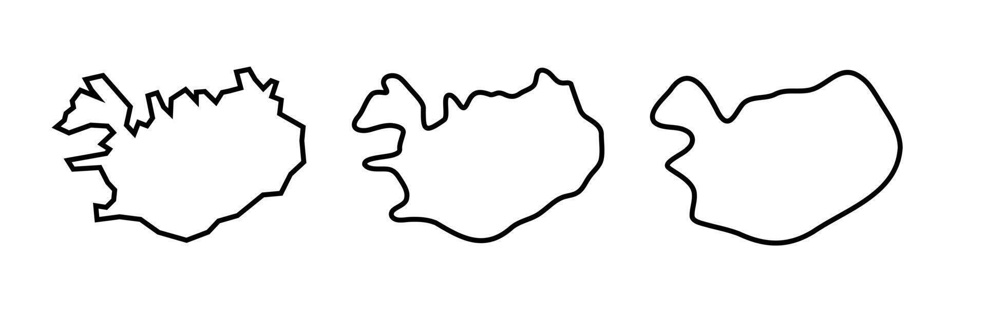 Iceland country black outline silhouettes in three different levels of smoothness. Simplified maps. icons isolated on white background. vector