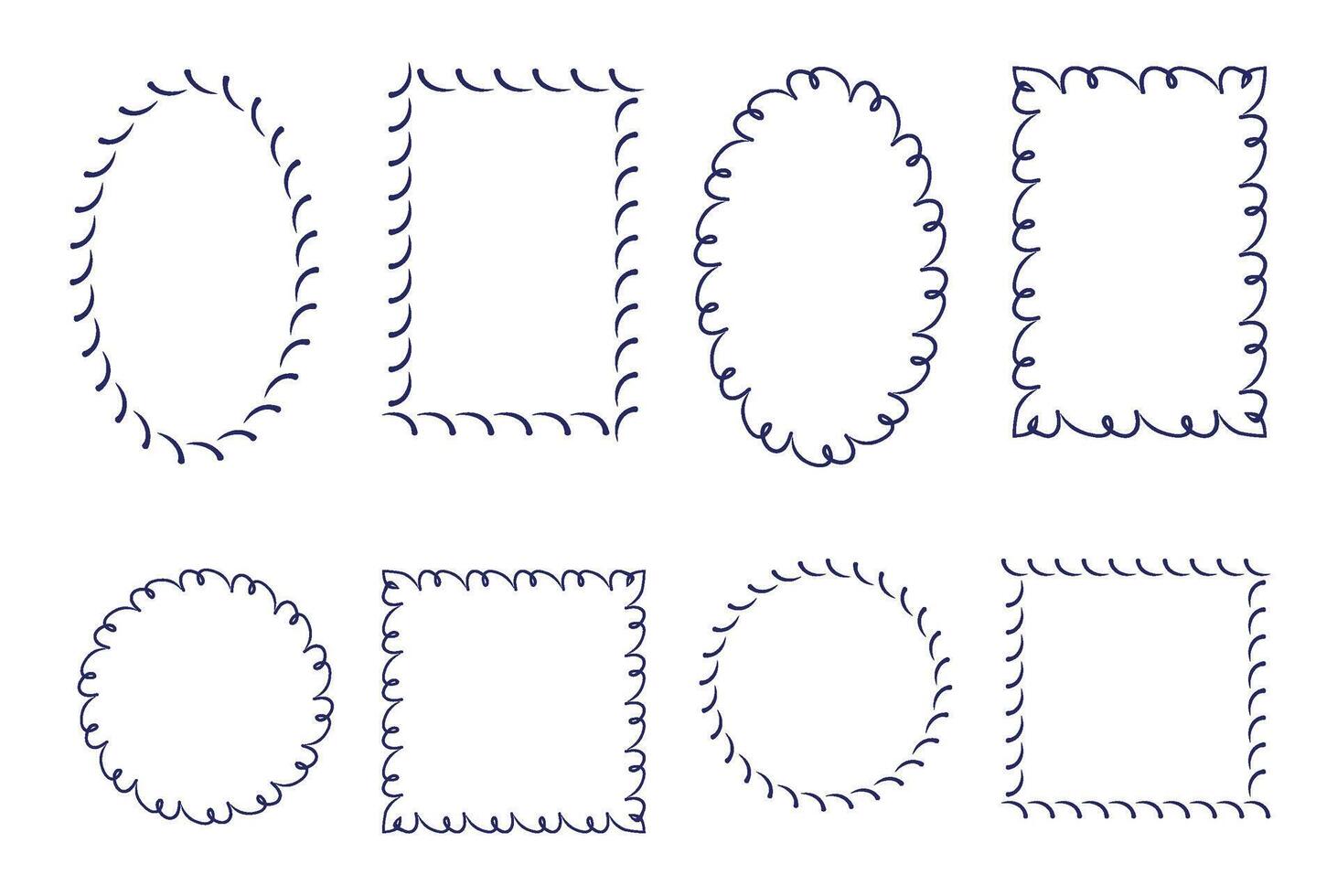 Collection of eight hand drawn swirl frames in oval, square, round, and rectangular shapes, perfect for decoration or design accents. vector